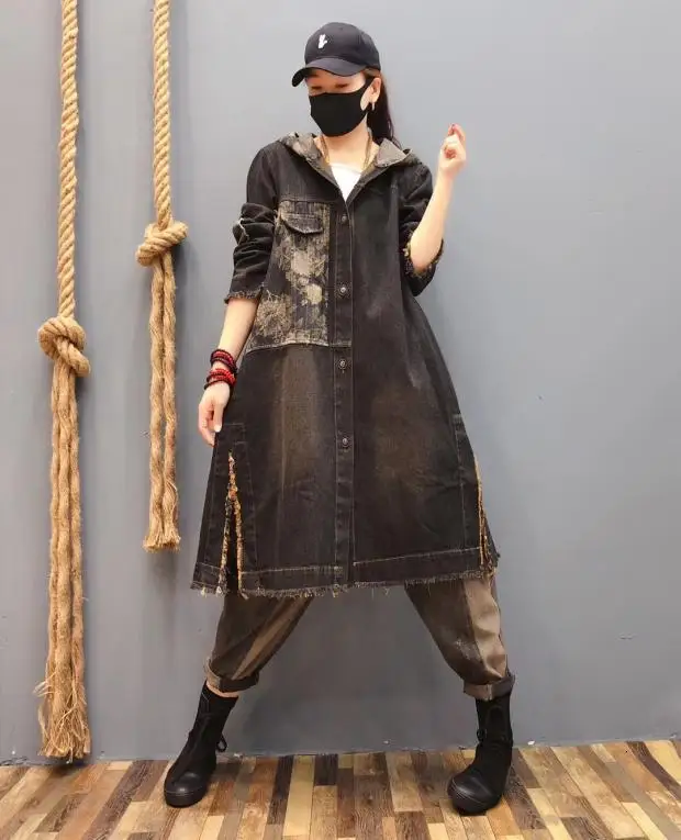 Черный Max LuLu осень корейские Модные Винтажные уличные женские свободные джинсовые тренчи с капюшоном длинное пальто негабаритная ветровка - Цвет: Черный