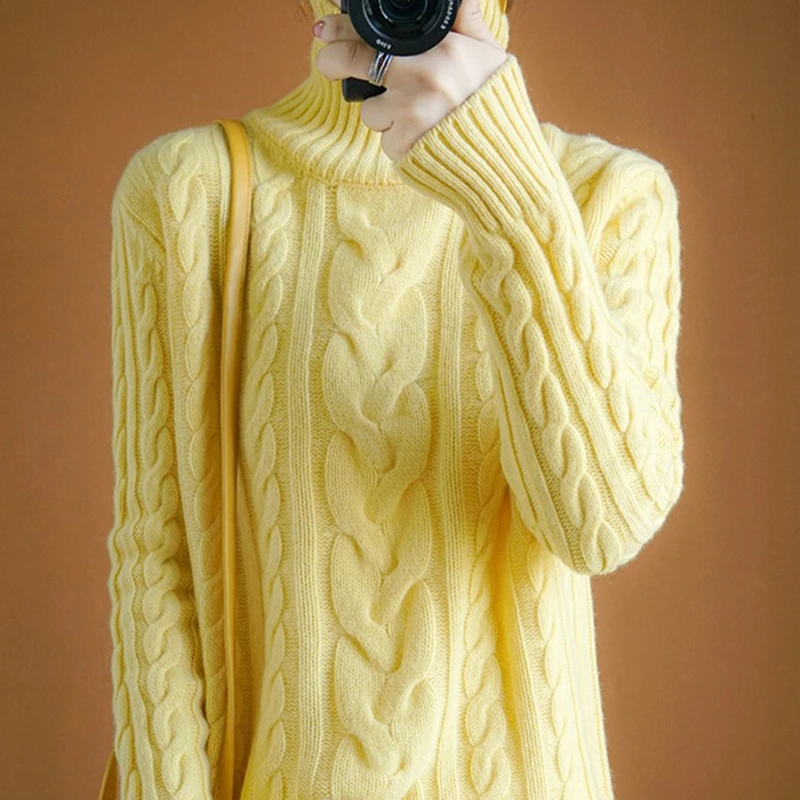 yellow 131/5000 высококачественный кашемировый свитер из чистой шерсти для женщин, шерсть, Осень-зима, толстый вязаный пуловер с высоким воротником - Цвет: yellow