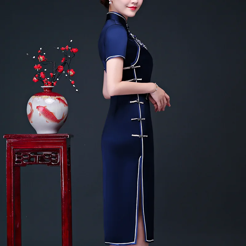 Традиционное винтажное китайское женское Qipao сексуальное миди тонкое Cheongsam благородный Мандариновый воротник вечернее платье ретро Vestidos