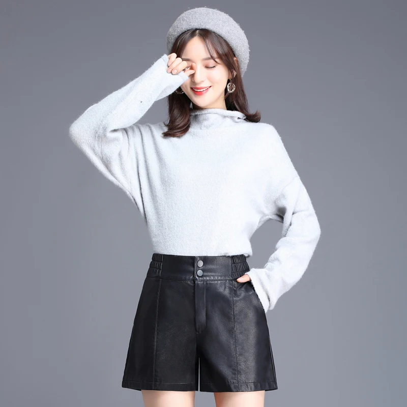 Женские черные кожаные байкерские шорты на весну и осень модные с высокой талией