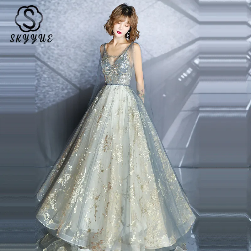 Skyyue Tank Evening Gown V-Neck Floor-Length Plus Size Dress 2020 Sleeveless Lace Tulle Up Women Party Dresses K314 | Свадьбы и