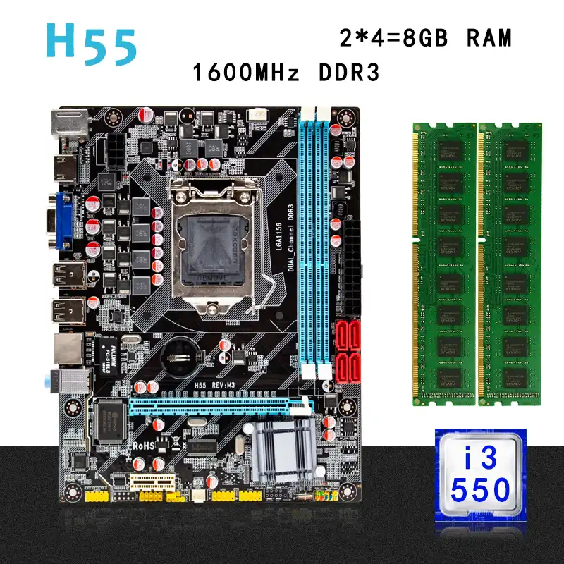 H55 Motherboard Set Kit With Lga 1156 Intel Core I3 550 3 2ghz Cpu 8gb 2 4g 1600mhz Ddr3 Pc Desktop Memory Ram Micro Atx Motherboards Aliexpress