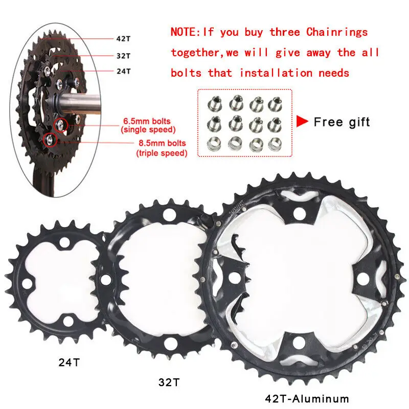 MTB Chainirng 104/64BCD 24/26/32/38/42T двойной/тройной Скорость звездочка цепной передачи шатун для горного велосипеда велосипед Запчасти для Shimano диаметра окружности болтов - Цвет: 24T-32T-42(Aluminum)