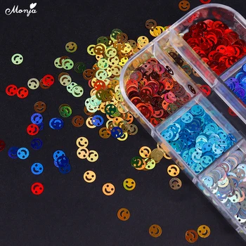 

Monja 12 Grids/Box Mixed Color Smiley Shape Nail Art Glitter Flake Natural Sparkly Sequins 3D Decal Decorations Nail Accessories