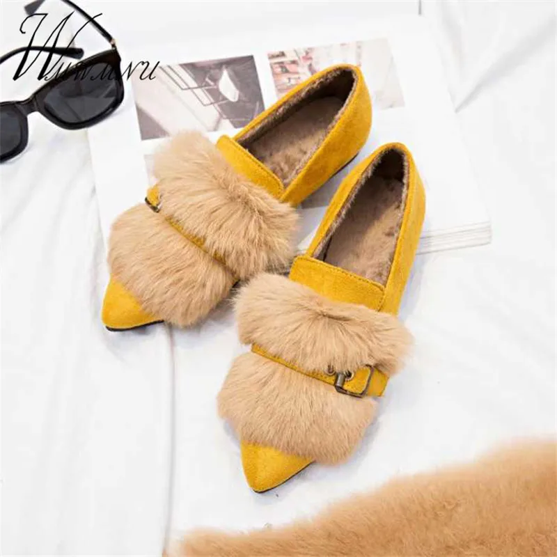 

Lady Pointed Slippers Yellow Furry Flats Fashion Rabbit Fur Winter Candy Color Loafers Casual New Women Button Flat Shoes Luxury