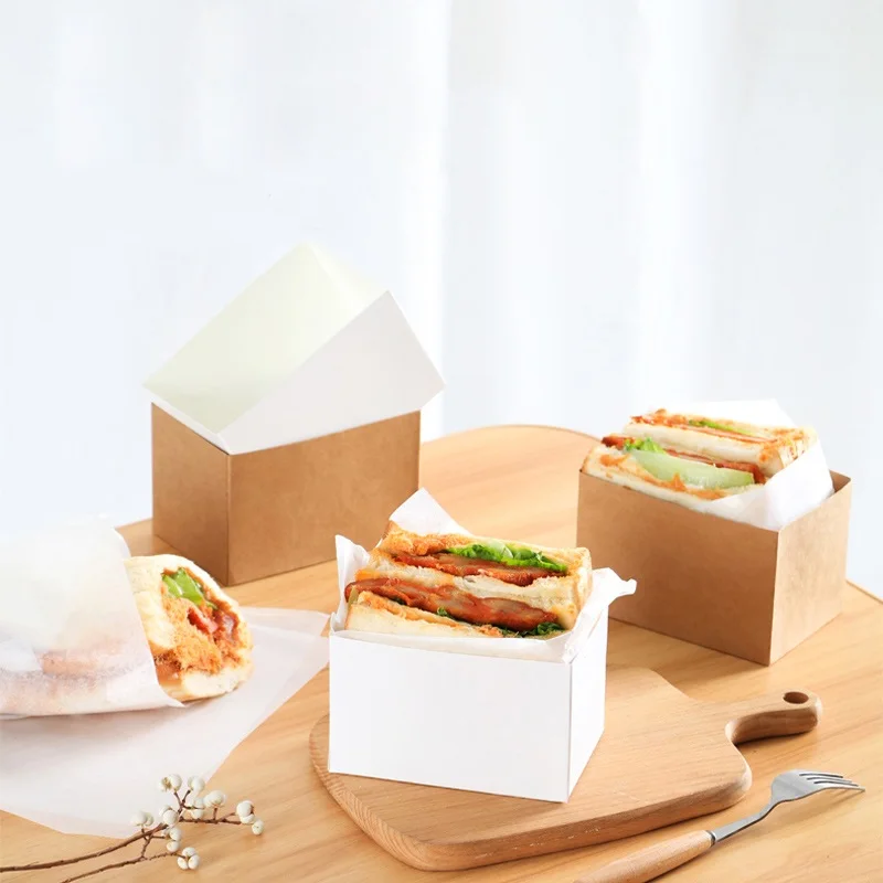 

Free shipping 300pcs Kraft Paper Sandwiches Wrapping Box Thick Egg Toast Bread Breakfast Packaging Box Burger Teatime Paper Tray