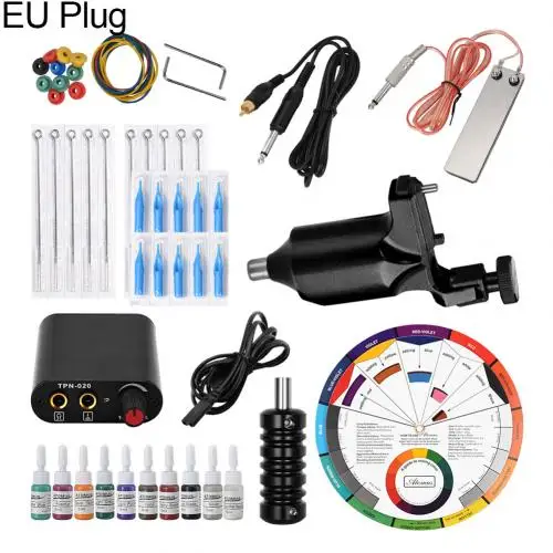 EU Plug Профессиональный Полный Набор татуировок, роторный лайнер, шейдер, машинка, чернила, источники питания, набор черных чернил, блок питания, ручки, инструменты для боди-арта - Цвет: EU Plug