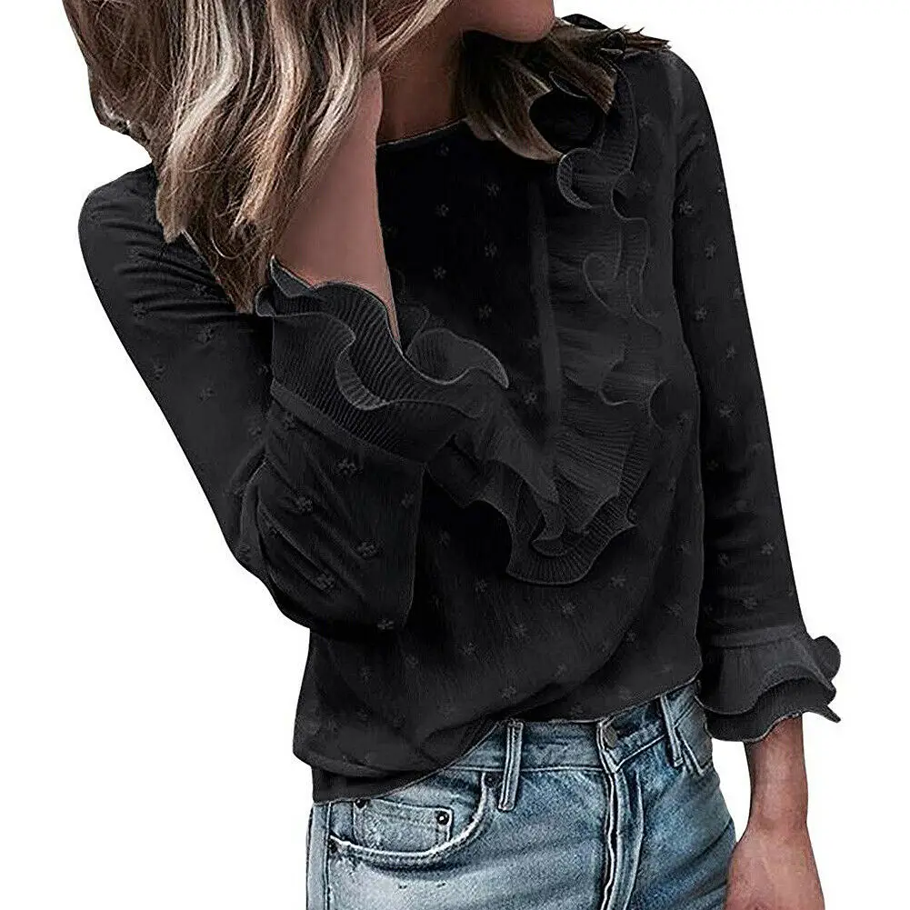 Vintage Women Chiffon Solid Color V-Neck Ruffle Trim Blouse Ladies Casual Long Sleeve Top Shirt Black Loose Female Blusas hot