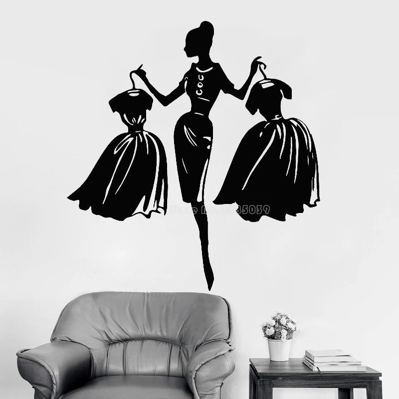 Wall Decal Girls Fashion Clothing Shop Window Stickers Living Room Vinyl Sticker Lady With Dress Murals LL2499 | Дом и сад