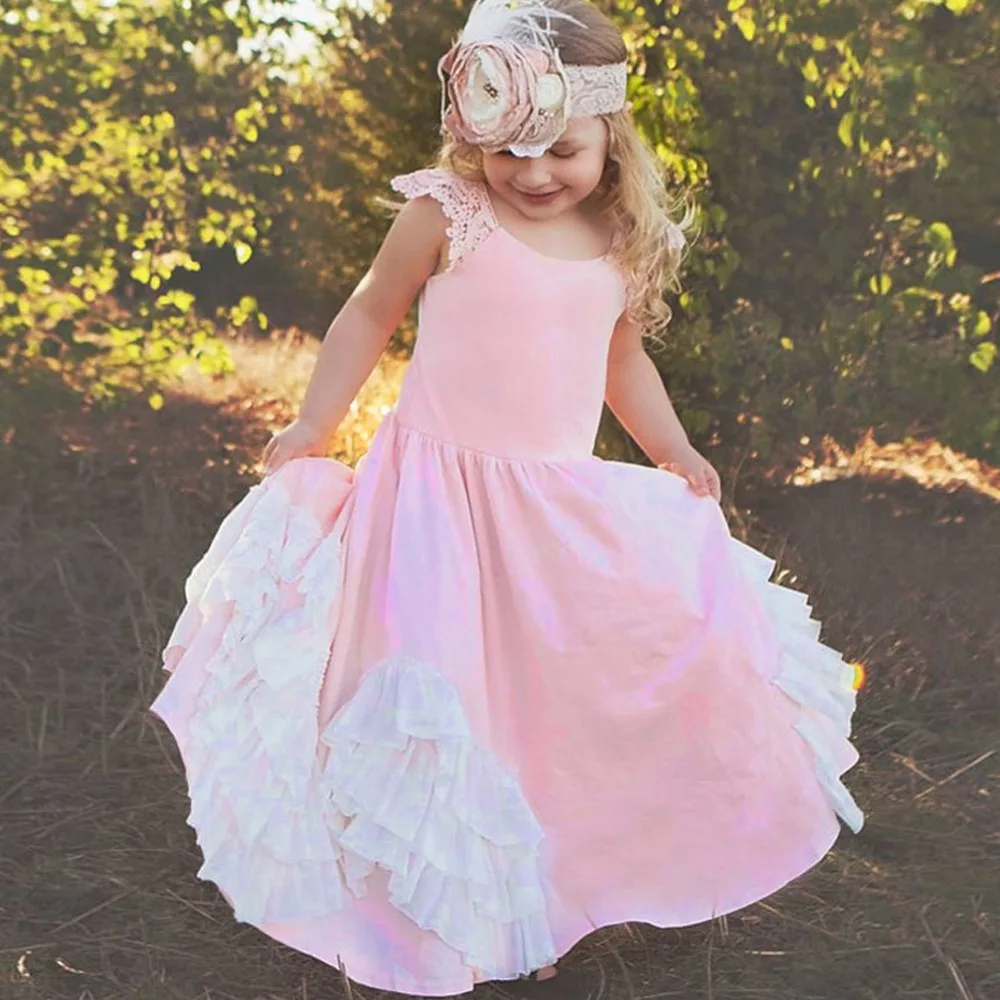 Шифоновое Платье макси с оборками для маленьких девочек, кружевные платья с цветочным узором в стиле бохо для девочек, платья шапки рукава, хлопковое многослойное праздничное платье подружки невесты