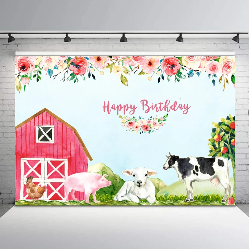 

NeoBack Farm Theme Backdrop Pink Flowers Red Barn Animals Photo Background Birthday Party Dessert Table Decorations Props