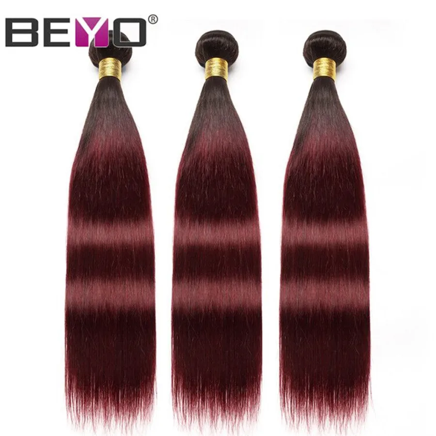 

Beyo T1B/99J Ombre Hair 3 bundles Indian Straight Hair Human Hair Weave Bundles Non Remy Hair Extension 1B Burgundy Color