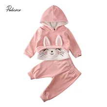 Детская зимняя теплая одежда Одежда для новорожденных девочек топы с капюшоном и длинными рукавами с милым Кроликом, пальто, штаны теплая одежда