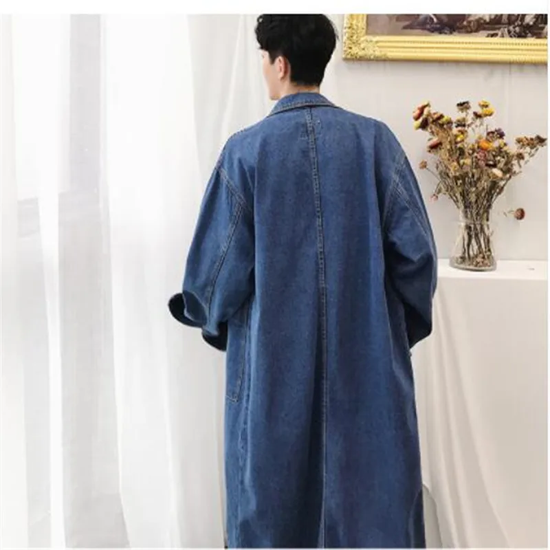Men Long Casual Denim Trench Coat Streetwear Hip Hop Fashion Loose Cowboy Cardigan Jacket Male Jean Windbreaker Overcoat