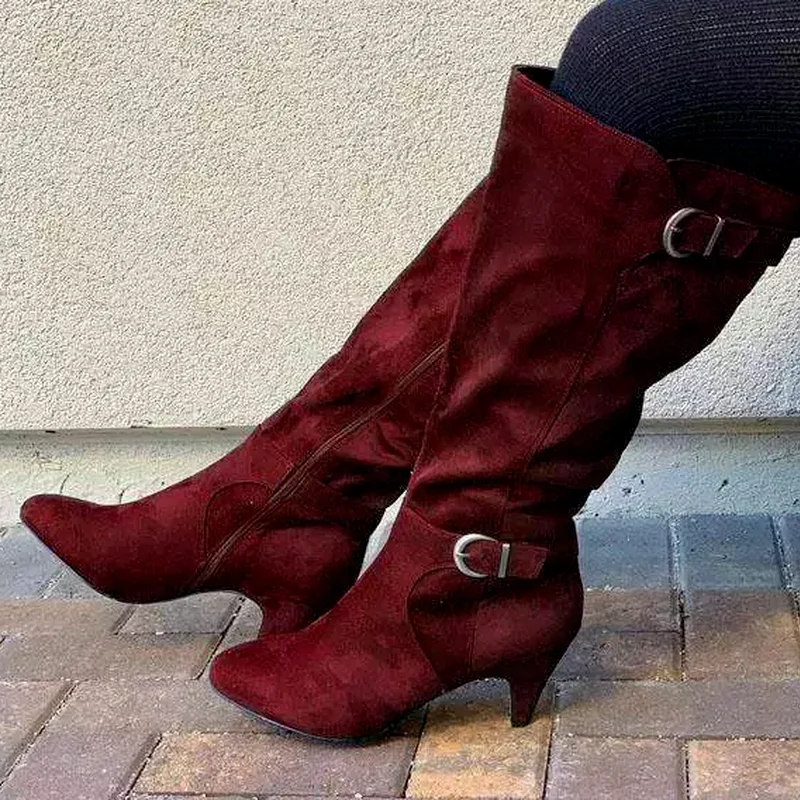 2021 New Women's Fashion Suede Knee High Heel Pointed Zipper Design Casual Modern Boots Large 35-43botas De Mujer