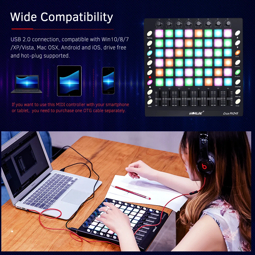 WORLDE PAD48 Портативный USB MIDI контроллер для барабана 48 RGB подушек с подсветкой 8 ручек