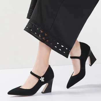 

BONJOMARISA Female Rhinestone Solid Pumps Pointed Toe High Heels Genuine Lether Pumps Women Casual Office Shoes Woman