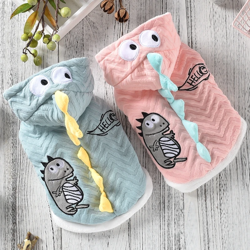 Куртка с капюшоном для милых собак одежда мехом Динозаврик XS XXL зеленый розовый