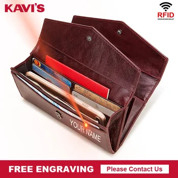 

KAVIS Free Engraving Genuine Leather Wallet Female Coin Purse Women Portomonee Clutch Clamp Money Bag Card Holders High Capacity