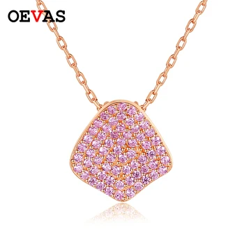 

OEVAS 100% 925 Sterling Silver Pendant Necklace Top Quality Rose Gold Color Sparking Full Pink White Zircon Party Jewelry Gifts