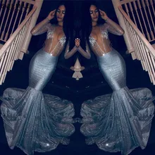 Роскошное кружевное вечернее платье с русалочкой, сексуальное вечернее платье с глубоким v-образным вырезом, длинным рукавом, серебристыми бусинами и блестками, вечернее платье, Robe de Soiree