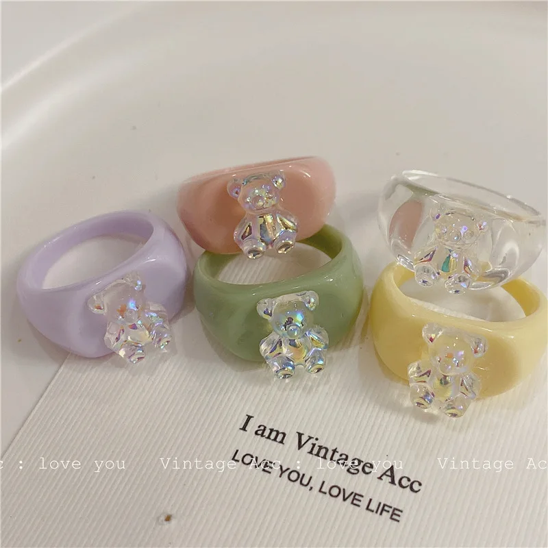 Bear Ring Cutie Gummy Decor Rings Colorful Exaggerated Clear Resin Acrylic for Women Girls Jewelry | Украшения и аксессуары