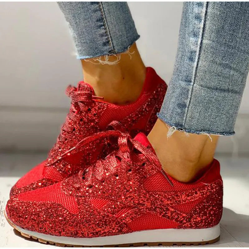Женские Блестящие Кроссовки на плоской подошве; повседневная женская обувь из сетчатого материала на шнуровке; шикарная обувь на платформе; удобная Вулканизированная обувь размера плюс; коллекция года; мягкая трикотажная обувь - Цвет: Красный