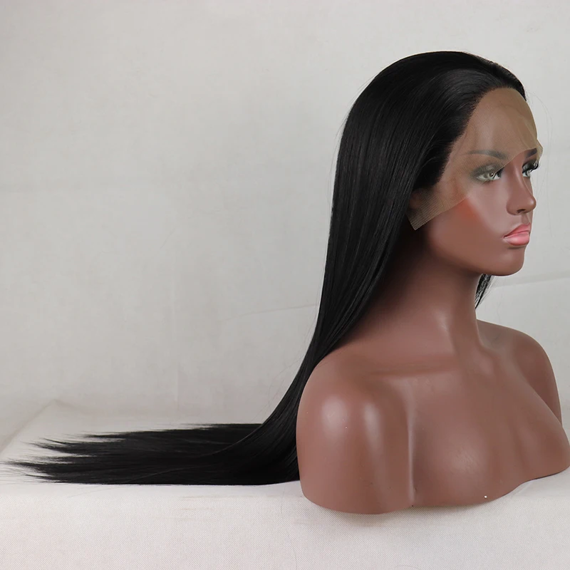 

Long Silky Straight Natural Black Colors Wigs For Women Average Size Synthetic Hair High Temperature Fiber Middle Part