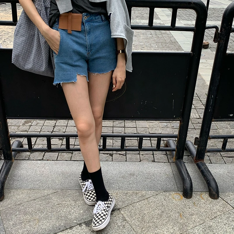 QOERLIN Retro Ripped Denim Shorts Leather Patchwork Summer Beach Sexy Hot Shorts Asymmetric Short Mini Jeans Shorts