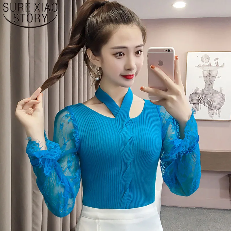 

2019 Autumn Fashion Women Sweater Long Sleeve Lace Knitted Sweater Casual V-neck Floral Sweater Women Pullover 6355 50