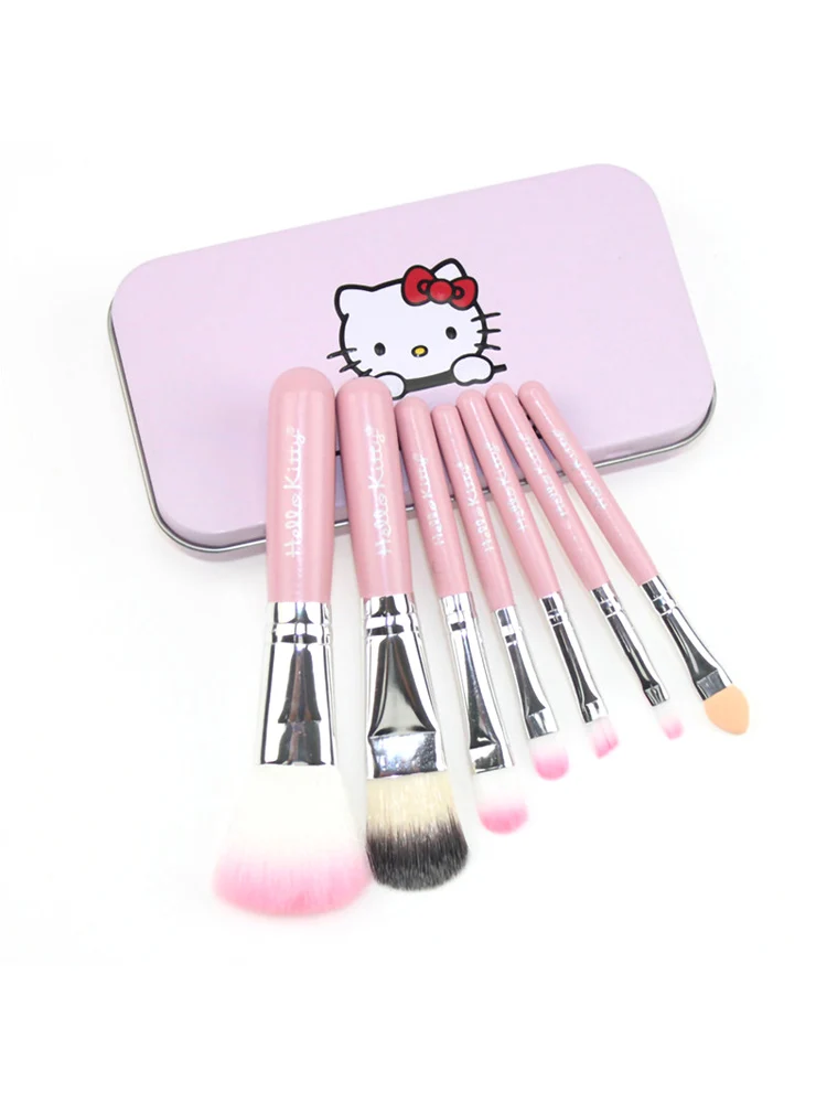 Ensemble de pinceaux de maquillage rose, boîte en fer, outil de beauté, fard à paupières avec manche en bois, brosse de fond de teint pelucheux professionnel, 7 pièces