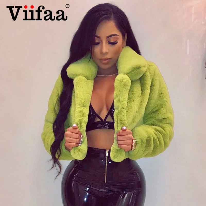 Viifaa Rose Red Solid Open Front Fuzzy Crop Faux Fur Coat Women Winter Fashion Outerwear Fluffy Fake Fur Coats Jackets