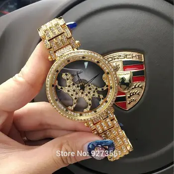 

3 Colors Women Watch Stainless Steel Watches Lady leopard Rotation Dress Watch Big Diamond Stone Wristwatch Lady Rose Gold Watch