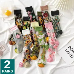2 Pairs Summer Transparent Crystal Glass Silk Mesh Socks Sunflowers Japanese Thin Elastic Tide Socks Sheer Short Stockings Socks