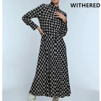 

Withered england style elegant turtleneck plaid printing midi dress women vestidos de fiesta de noche vestidos maxi dress blazer