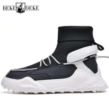

Stretch Socks Shoes Mens Spring Autumn Casual High Top Shoes Mixed Colors Round Toe Lace Up Male Thick Bottom Sneakers
