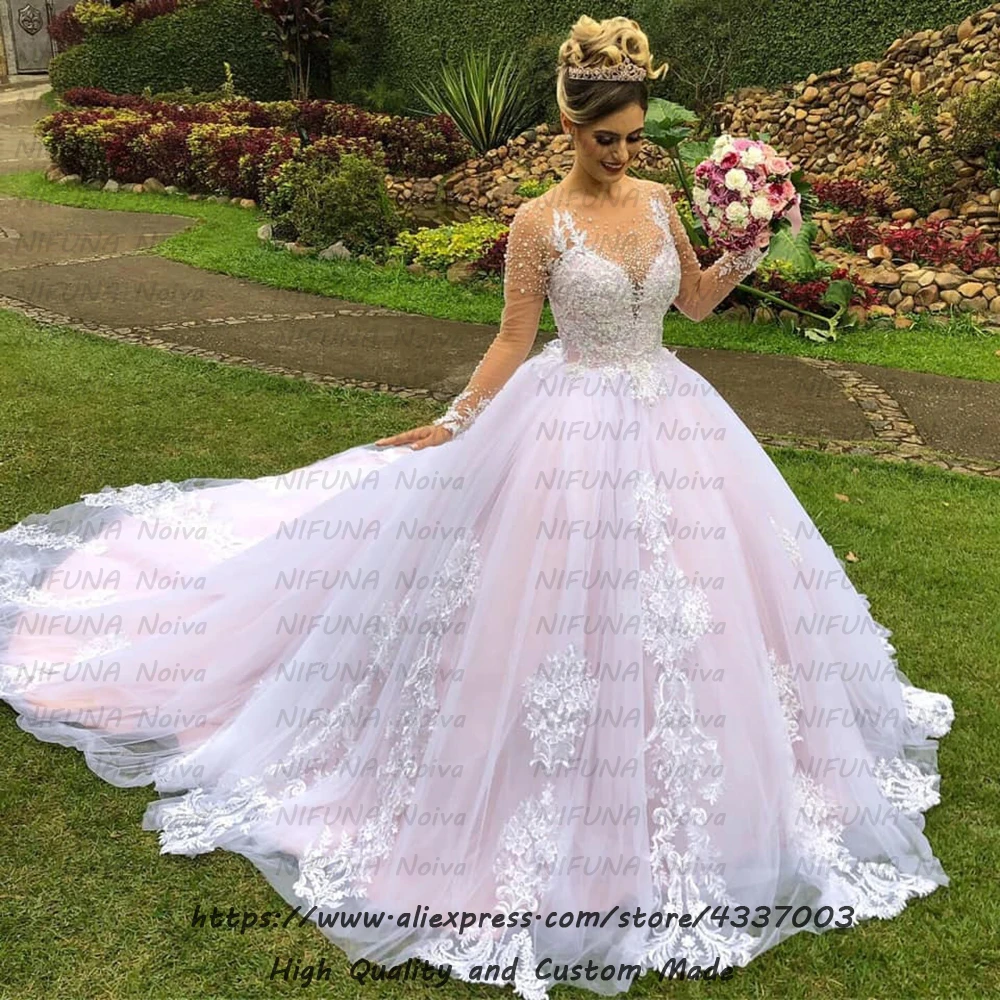 Свадебное платье с аппликацией на заказ, Vestido De Noiva, великолепное бальное платье с жемчугом и бусинами, свадебное платье с длинными рукавами trouwjurk