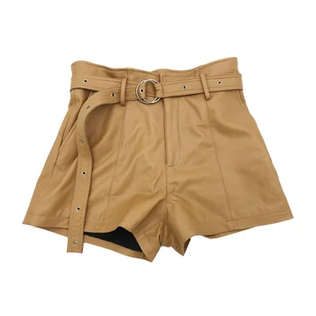 

2020 NEW Ladies High Waist Loop Belt Casual Wide Leg Moto Shorts For Women Genuine Leather Distress Yellow Trousers With Sashes