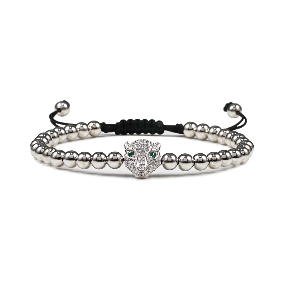 Men Bracelet Gold Color Leopard Head 5MM Pave Beads Braided Bracelets Bangles Handmade Armband Luxury Royal Women Jewelry Gift - Image 4