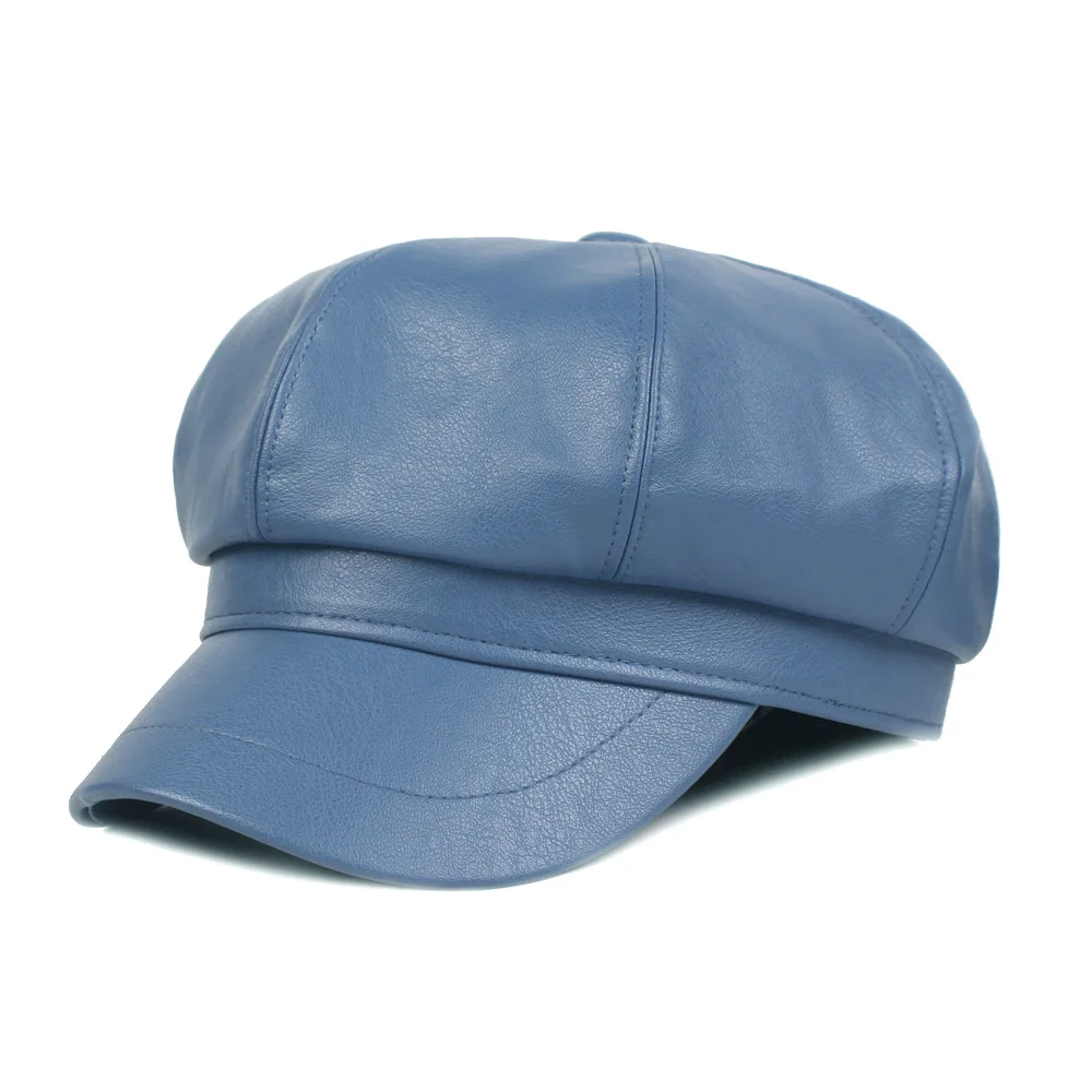 blue HanXi Модные женские Берет Шляпа из искусственной кожи восьмиугольная шляпа козырек зимние шапки художника - Цвет: blue