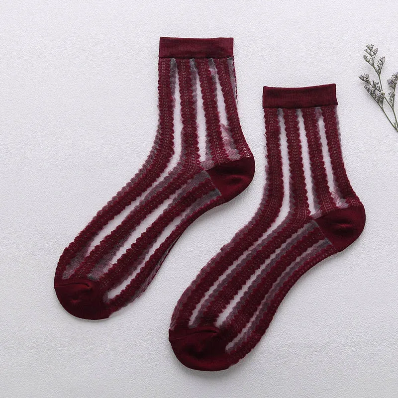 Wine Red FANSI 2 пары тонких прозрачных шелковых носков для женщин, корейские новые ретро прозрачные полосатые носки, летние модные простые кружевные носки - Цвет: Wine Red