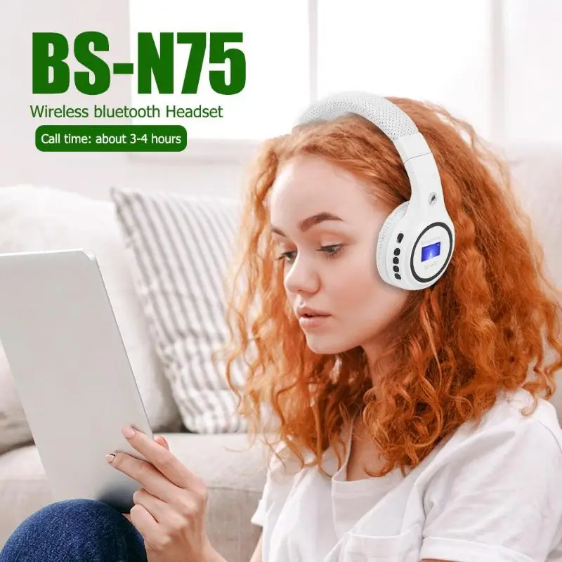 BS-N75 складные беспроводные Bluetooth наушники гарнитура с ЖК-дисплеем синий FM TF слот для карт Поддержка 32 Гб MP3 Авто электронный