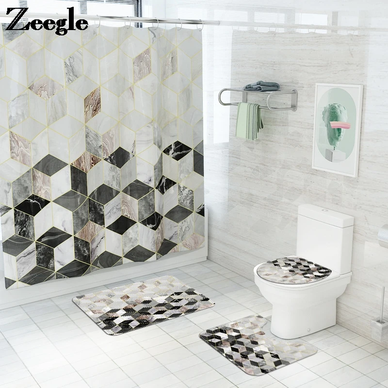 Marble Pattern Shower Curtain with Bath Mat Set Microfiber Toilet Carpet Bathroom Decoration Anti Slip Absorbent Rugs