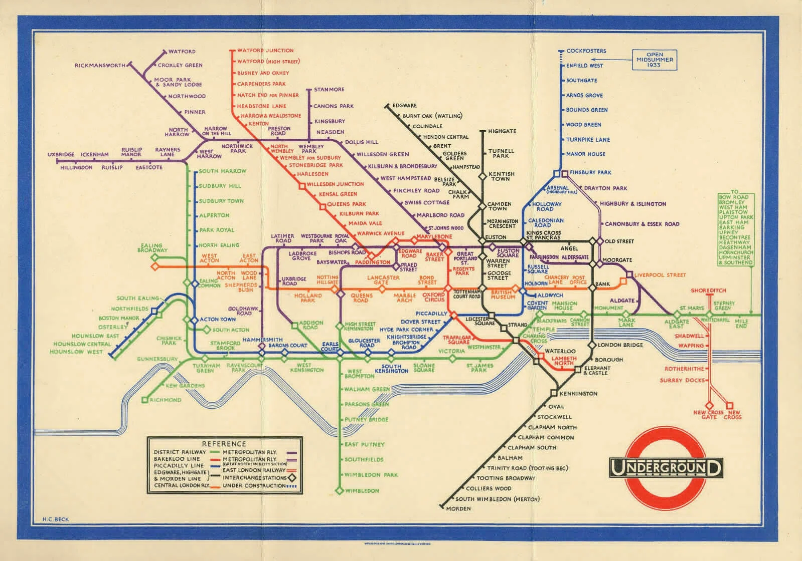 Vintage 1933 London Underground Tube Map Art Film Print Silk Poster Home Wall Decor 24X36 Pollici