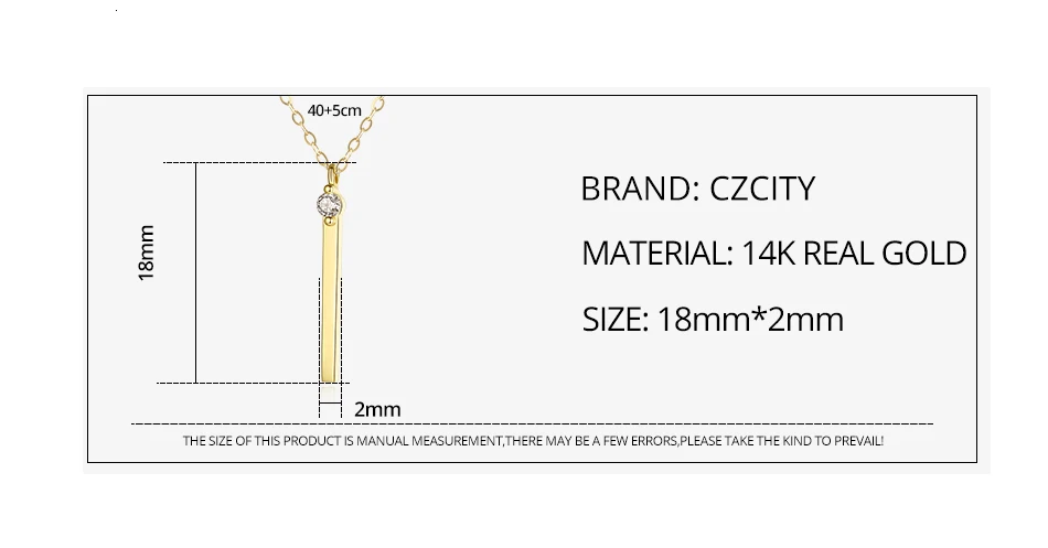 CZCITY Настоящее 14 К золото минимализм слиток кулон ожерелье для женщин с AAA CZ Au585 Простой Шарм цепи ожерелье хорошее ювелирное изделие