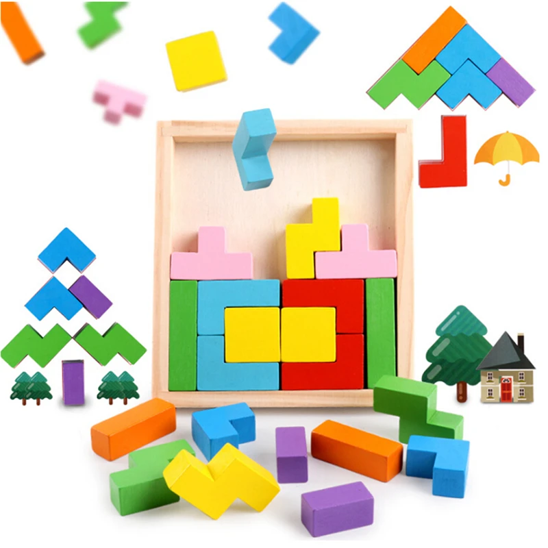 1Set Hot Colorful 3D Puzzles Tetris Wood Jigsaw Children Toys Baby Early Puzzle Toys Kindergarten Kids Early Education Color Toy