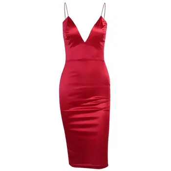 

Women Elegant Deep V Neck Bodycon Spaghetti Strap Club Party Knee Length Dress Black Red Optional