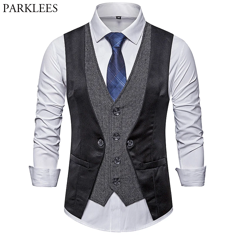 

Men's Stitching Fake Two-piece Single-Breasted New Casual V-neck Vest Personality Slim Fit Jacket Vest Business Blazer Vest Coat