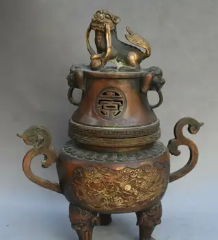 

Old Chinese Bronze Gilt Dragon Lion Loong Ding Incense Burner Censer Statue