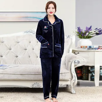 

Autumn Winter Warm Pajamas Sets For Women Thick Flannel Long Sleeve Female Pajama Pyjamas Set Sleepwear Home Clothing